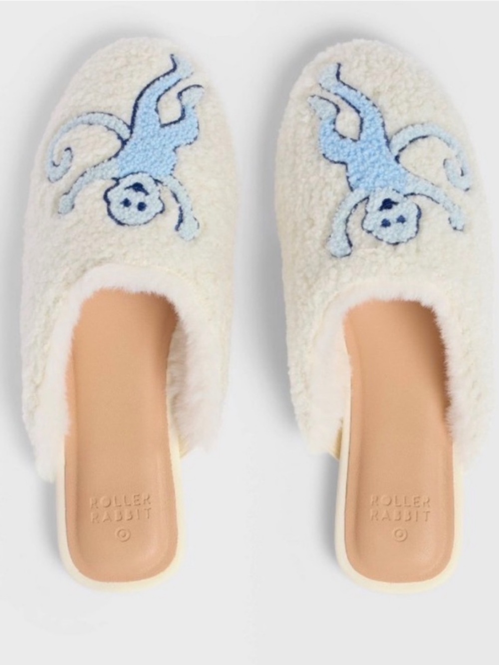 Roller Rabbit Women Sherpa Slippers with Blue Monkey Fuzzy Embroidery Size 6 NWT